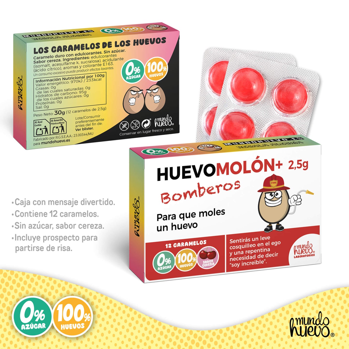 Caramelos de broma | HUEVOMOLON+ BOMBEROS | Caja Regalo Divertido con 12 caramelos sin azúcar