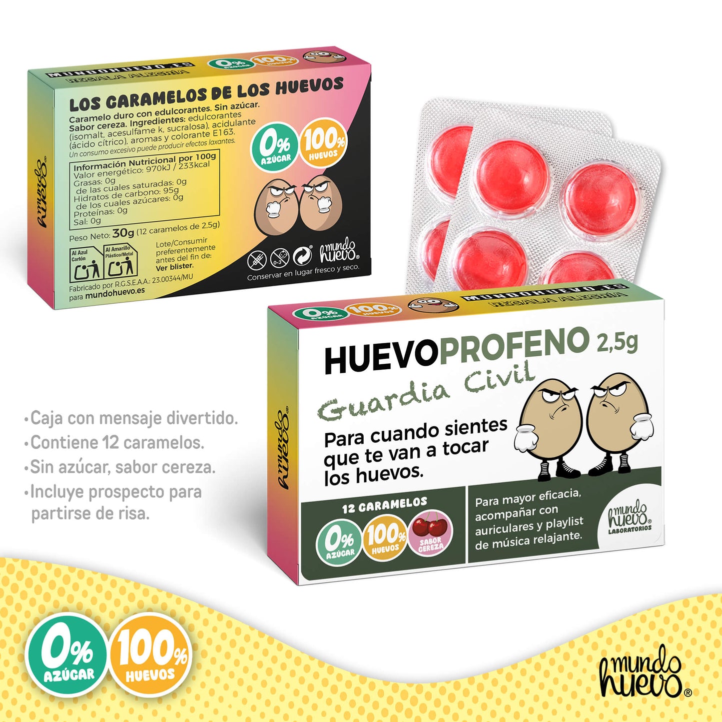 Caramelos de broma | HUEVOPROFENO GUARDIA CIVIL | Caja Regalo Divertido con 12 caramelos sin azúcar