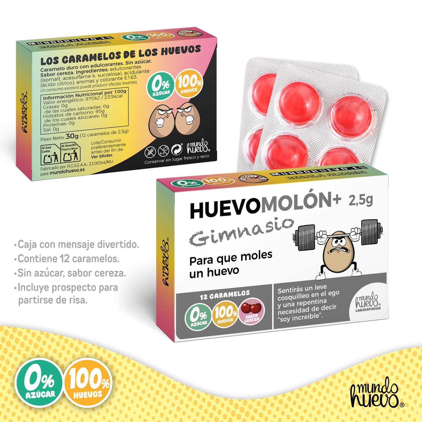 Caramelos de broma | HUEVOMOLON+ GIMNASIO | Caja Regalo Divertido con 12 caramelos sin azúcar