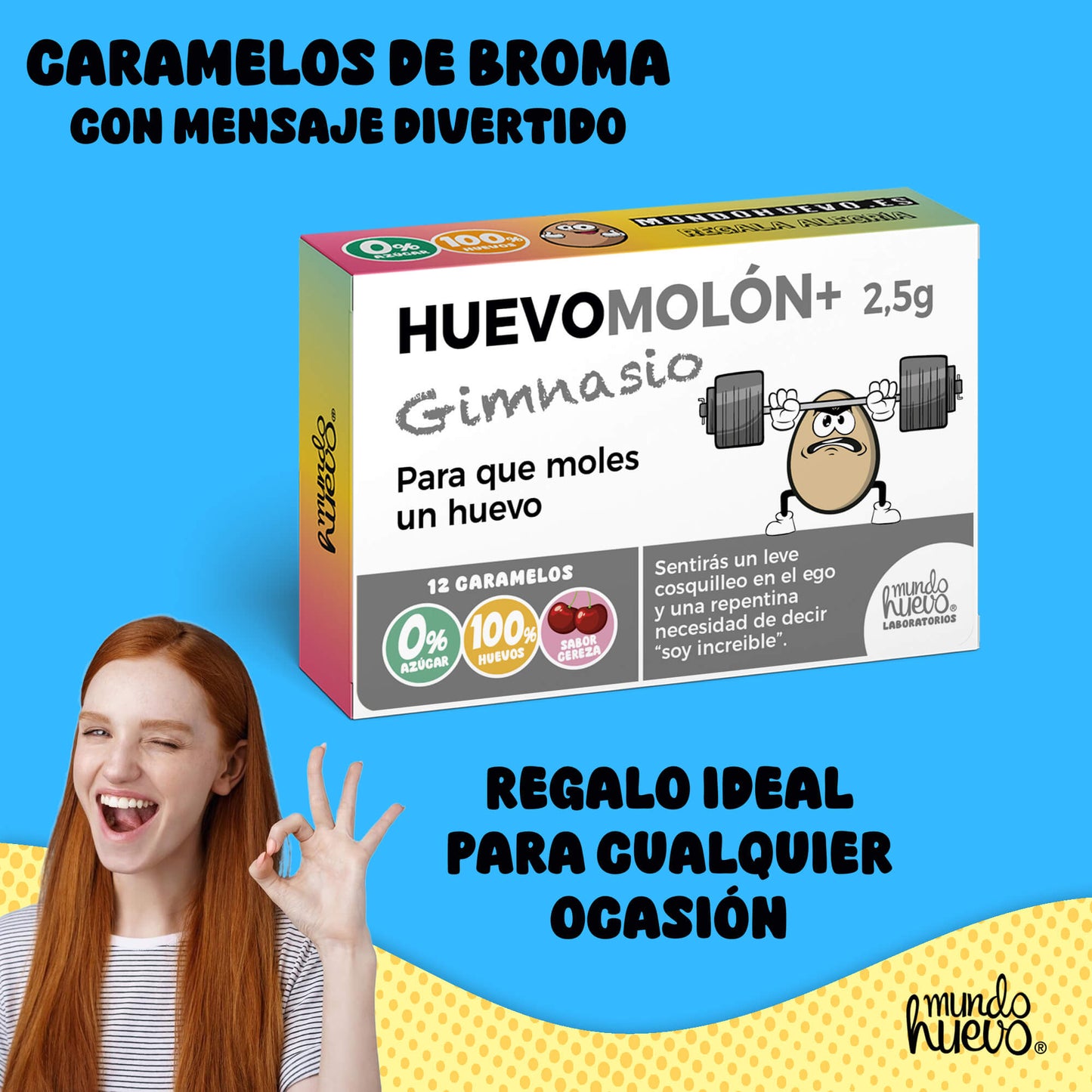 Caramelos de broma | HUEVOMOLON+ GIMNASIO | Caja Regalo Divertido con 12 caramelos sin azúcar
