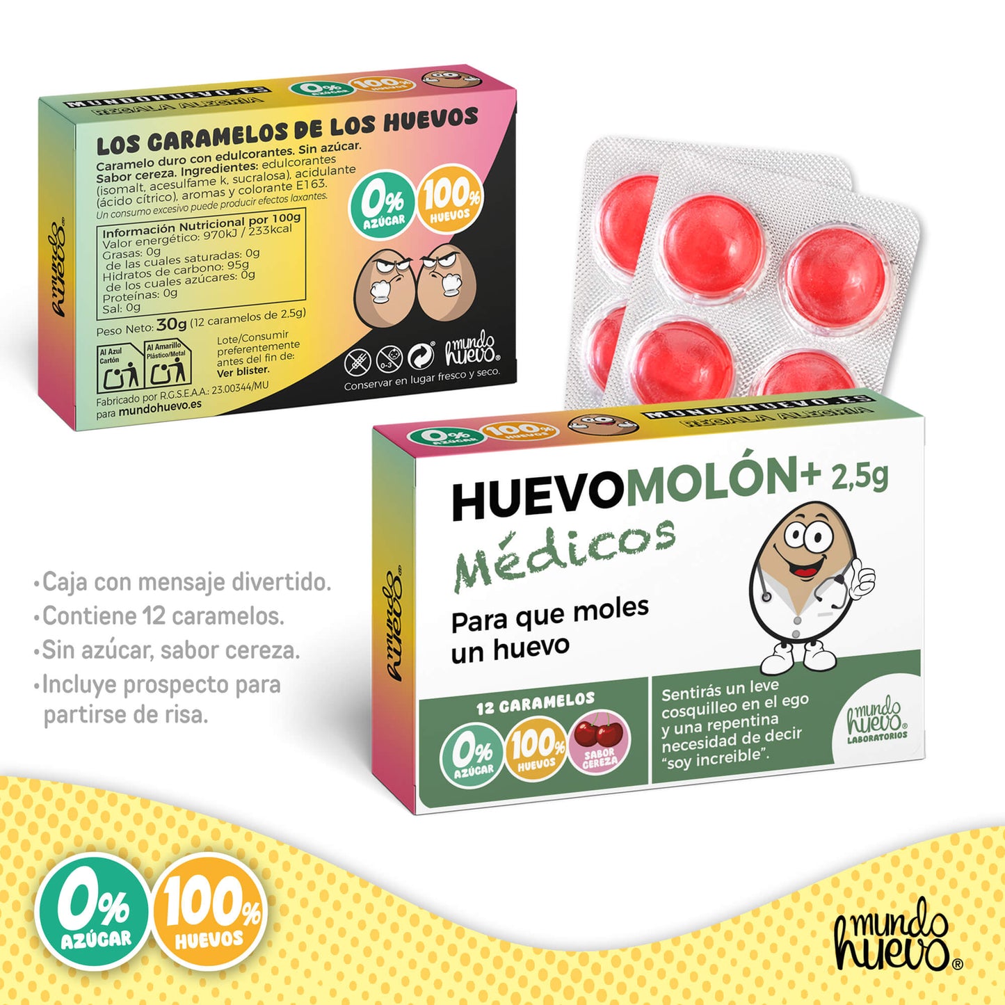 Caramelos de broma | HUEVOMOLON+ MÉDICOS | Caja Regalo Divertido con 12 caramelos sin azúcar
