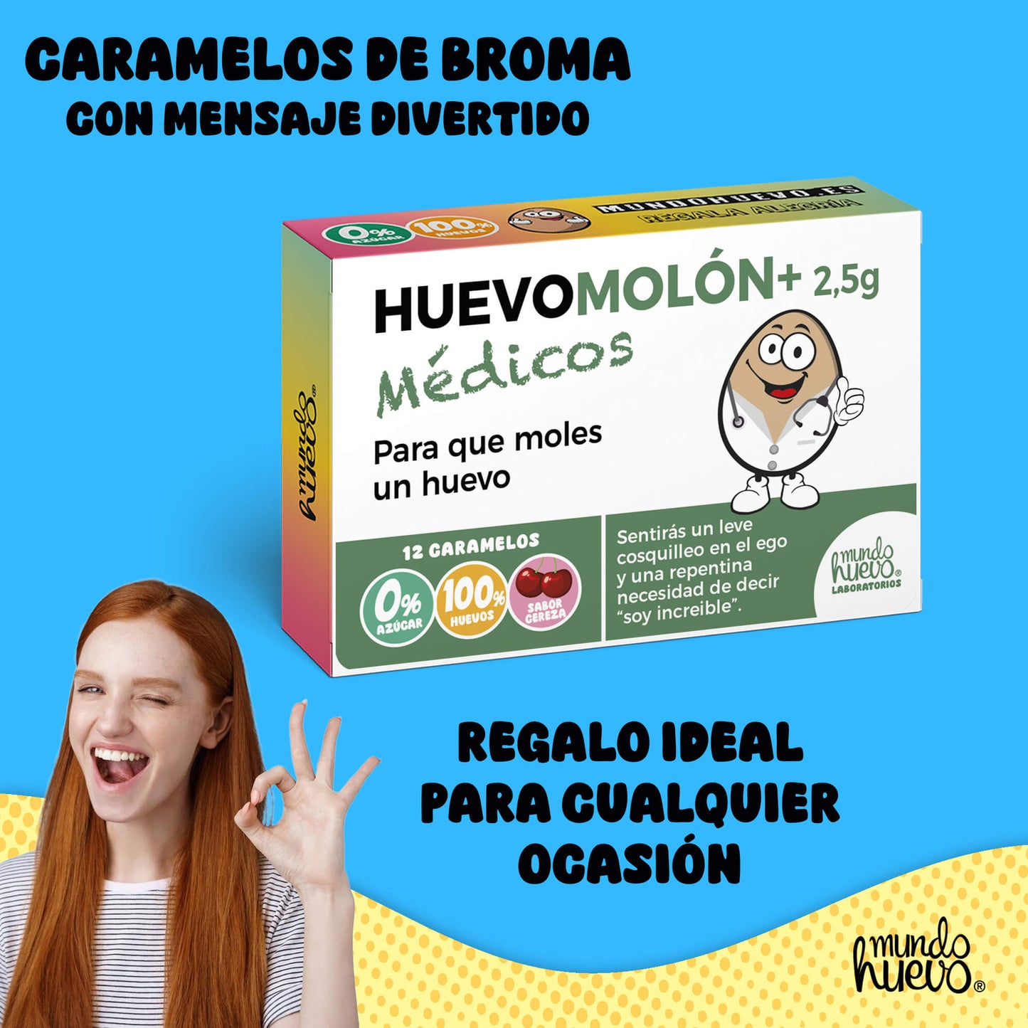 Caramelos de broma | HUEVOMOLON+ MÉDICOS | Caja Regalo Divertido con 12 caramelos sin azúcar
