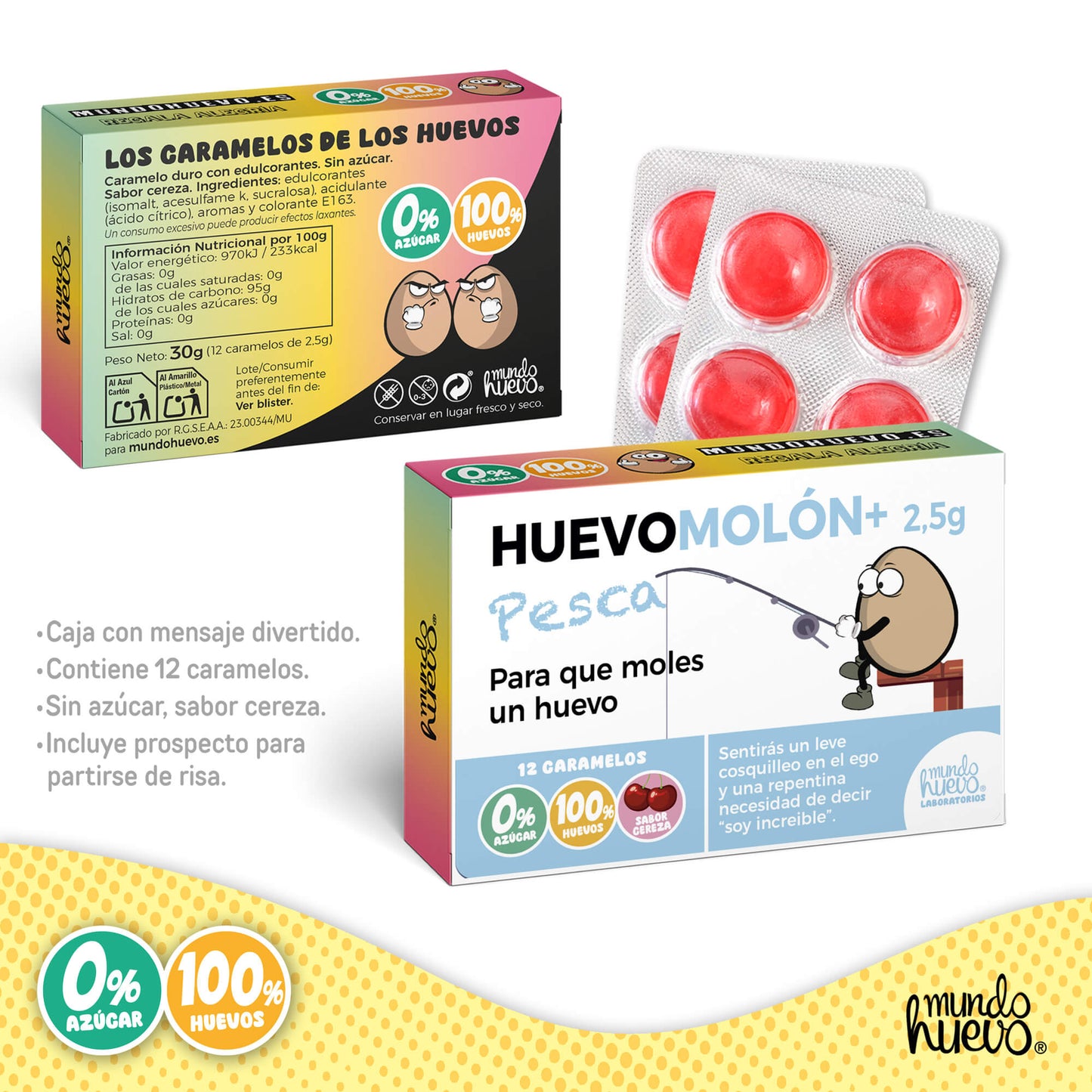 Caramelos de broma | HUEVOMOLON+ PESCA | Caja Regalo Divertido con 12 caramelos sin azúcar