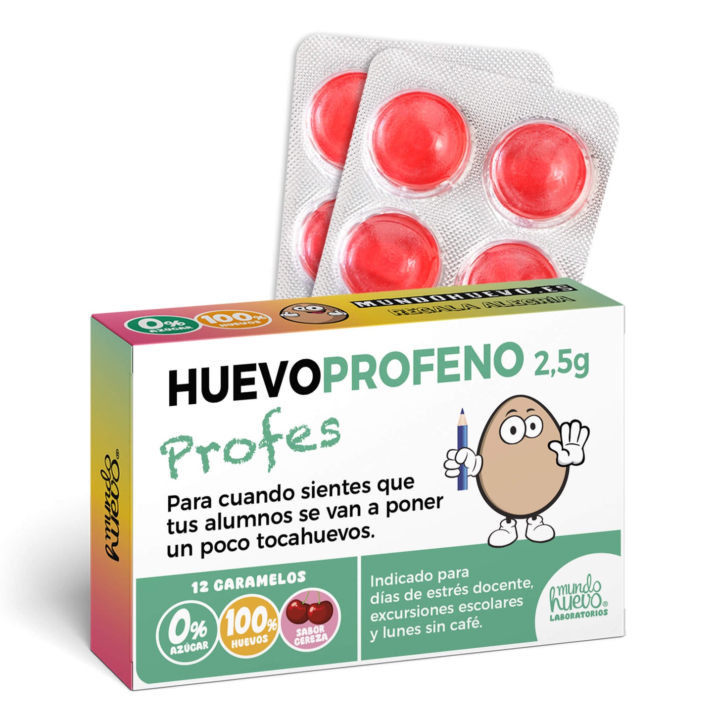 Caramelos de broma | HUEVOPROFENO PROFES | Caja Regalo Divertido con 12 caramelos sin azúcar