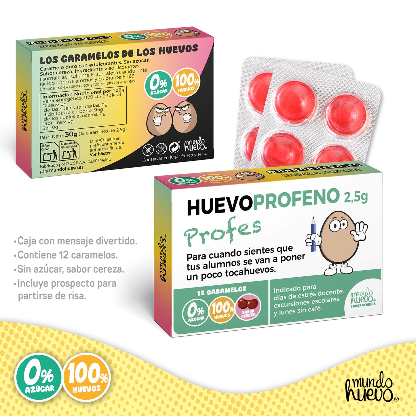 Caramelos de broma | HUEVOPROFENO PROFES | Caja Regalo Divertido con 12 caramelos sin azúcar