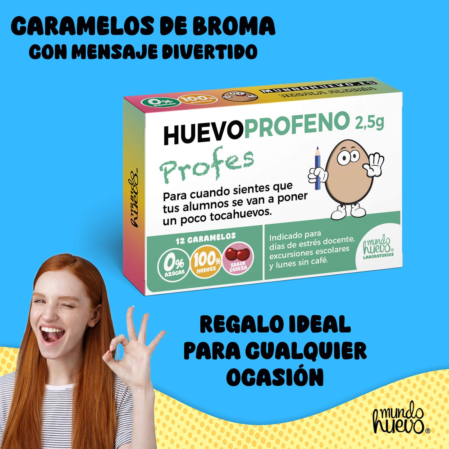 Caramelos de broma | HUEVOPROFENO PROFES | Caja Regalo Divertido con 12 caramelos sin azúcar