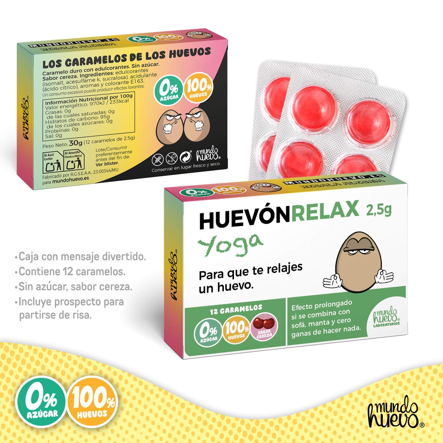 Caramelos de broma | HUEVÓNRELAX+ YOGA | Caja Regalo Divertido con 12 caramelos sin azúcar
