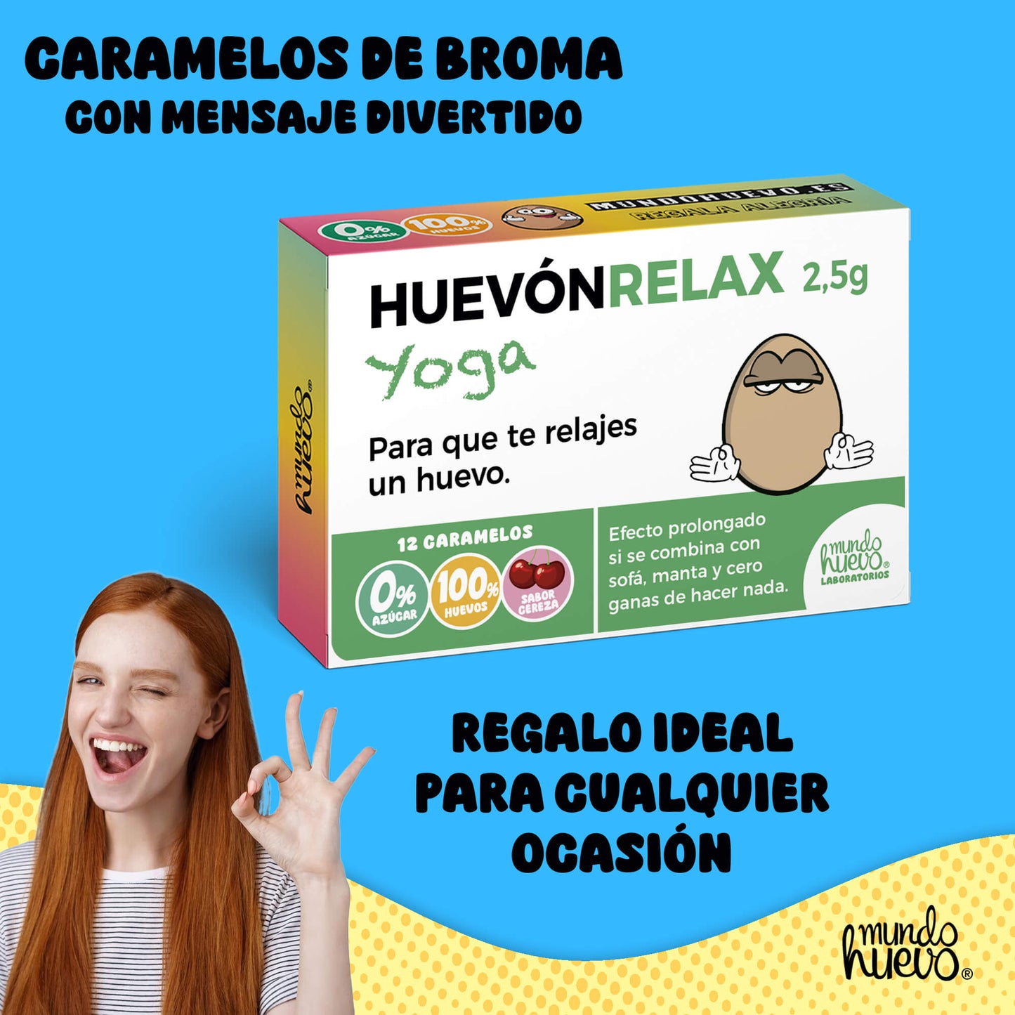 Caramelos de broma | HUEVÓNRELAX+ YOGA | Caja Regalo Divertido con 12 caramelos sin azúcar