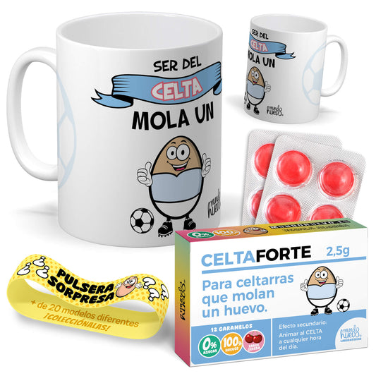 Taza Ser del Celta mola un huevo + Caramelos divertidos + Pulsera sorpresa