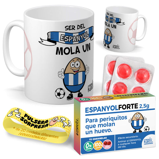 Taza Ser del Espanyol mola un huevo + Caramelos divertidos + Pulsera sorpresa