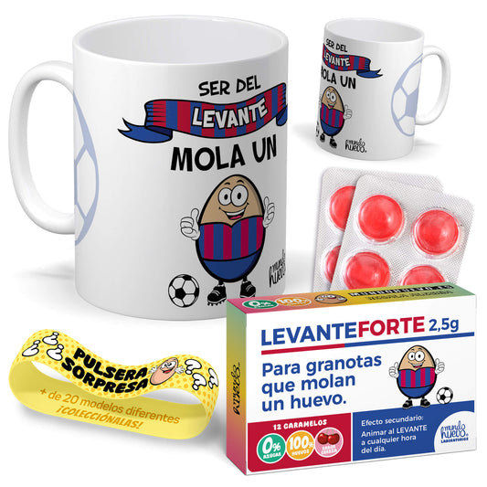 Taza Ser del Levante mola un huevo + Caramelos divertidos + Pulsera sorpresa