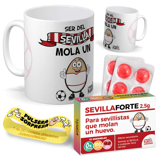 Taza Ser del Sevilla mola un huevo + Caramelos divertidos + Pulsera sorpresa