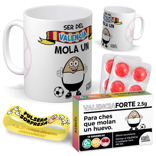 Taza Ser del Valencia mola un huevo + Caramelos divertidos + Pulsera sorpresa