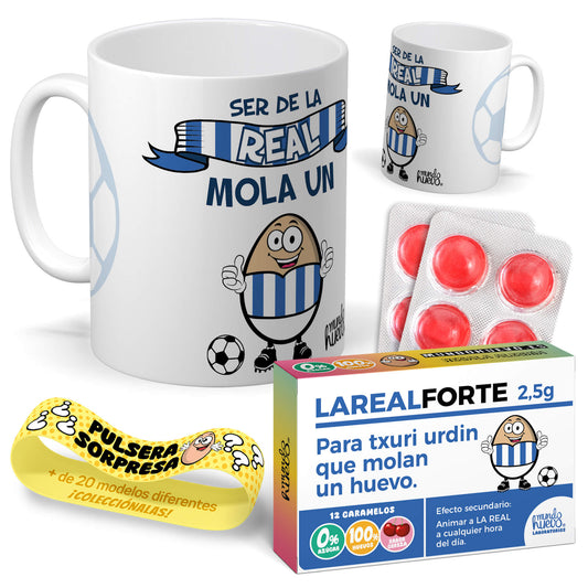 Taza Ser de La Real mola un huevo + Caramelos divertidos + Pulsera sorpresa