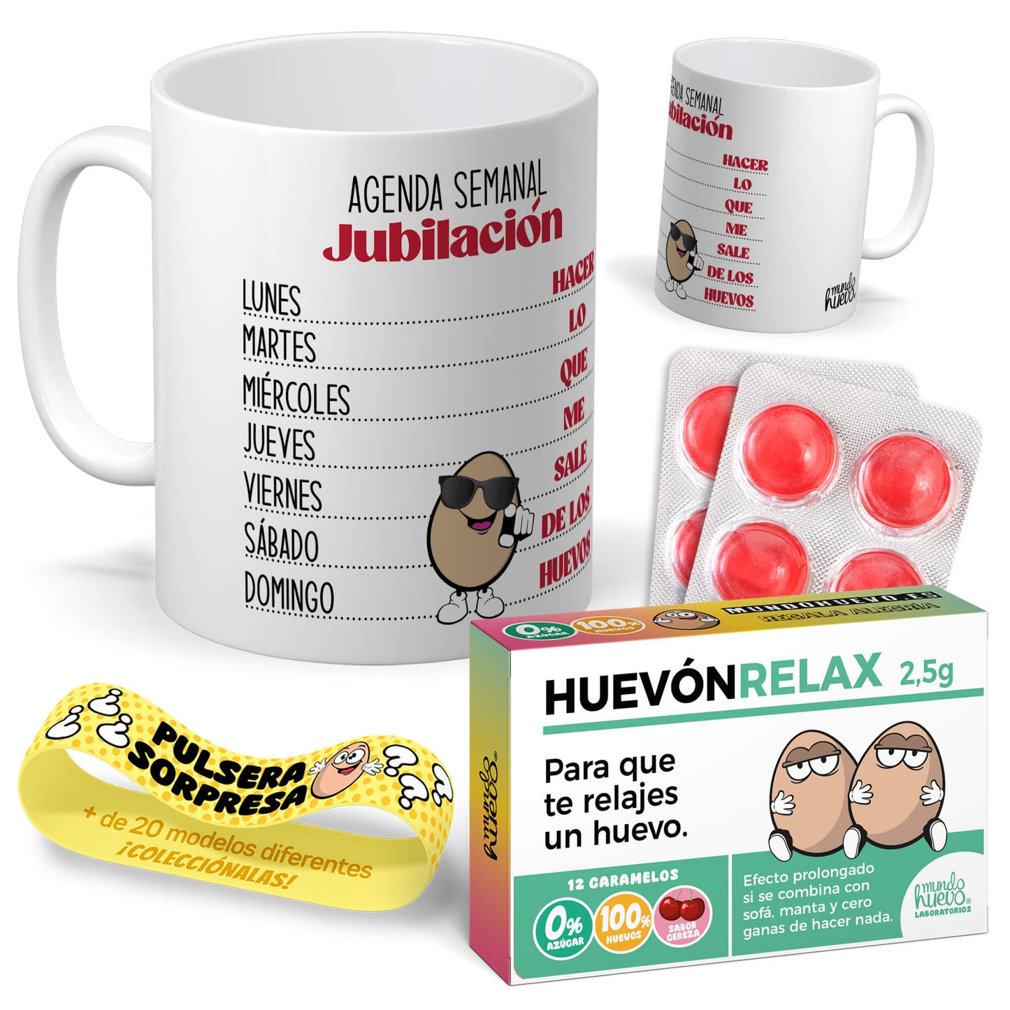 Taza Agenda semanal jubilación + Caramelos divertidos + Pulsera sorpresa