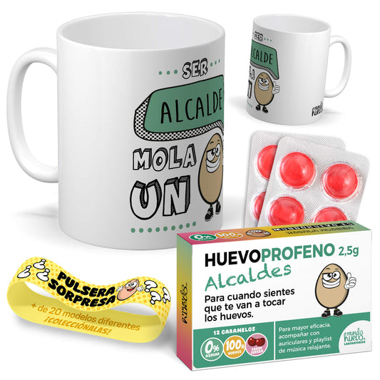 Taza Ser Alcalde mola un huevo + Caramelos divertidos + Pulsera sorpresa