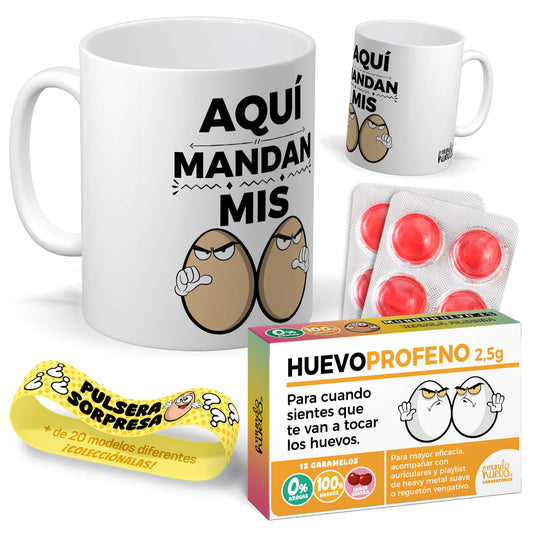 Taza Aquí mandan mis huevos + Caramelos divertidos + Pulsera sorpresa