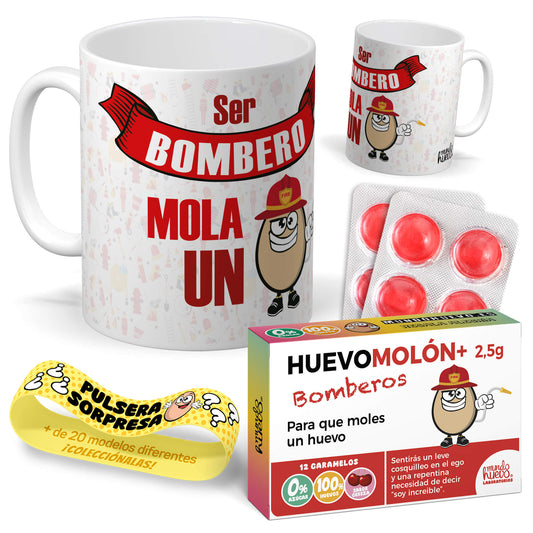 Taza Ser Bombero mola un huevo + Caramelos divertidos + Pulsera sorpresa