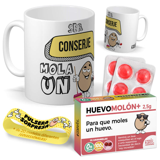Taza Ser Conserje mola un huevo + Caramelos divertidos + Pulsera sorpresa