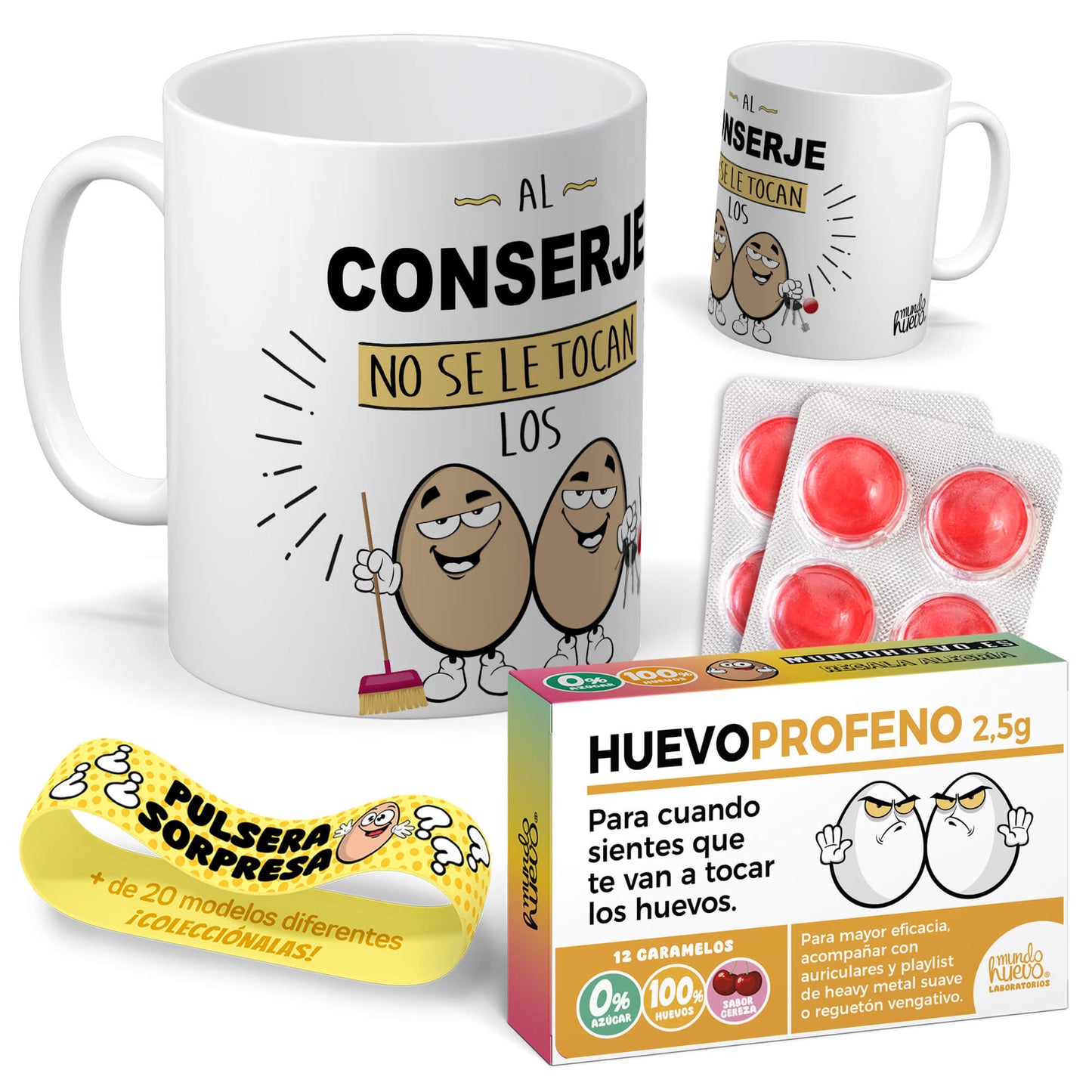 Taza Al conserje no se le tocan los huevos + Caramelos divertidos + Pulsera sorpresa