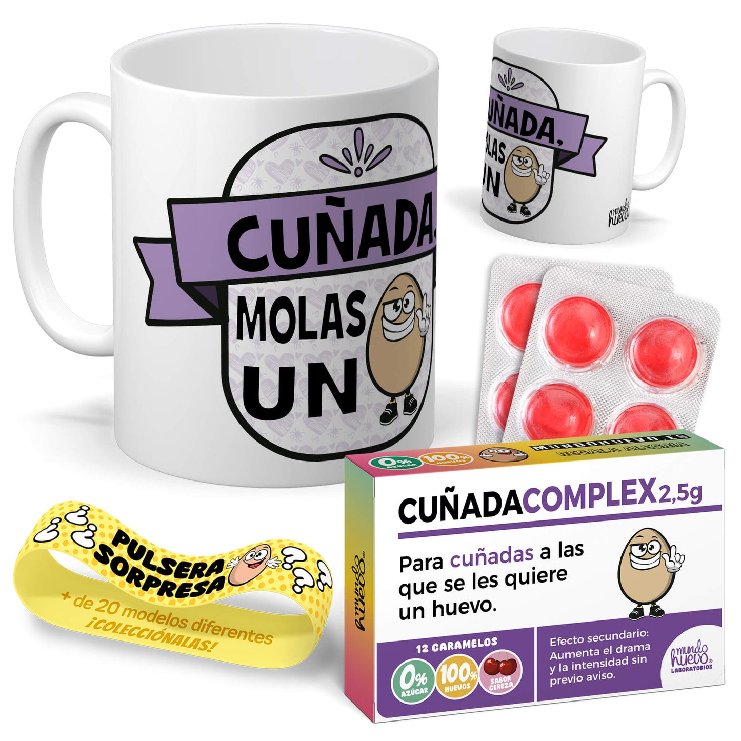 Taza Cuñada molas un huevo + Caramelos divertidos + Pulsera sorpresa