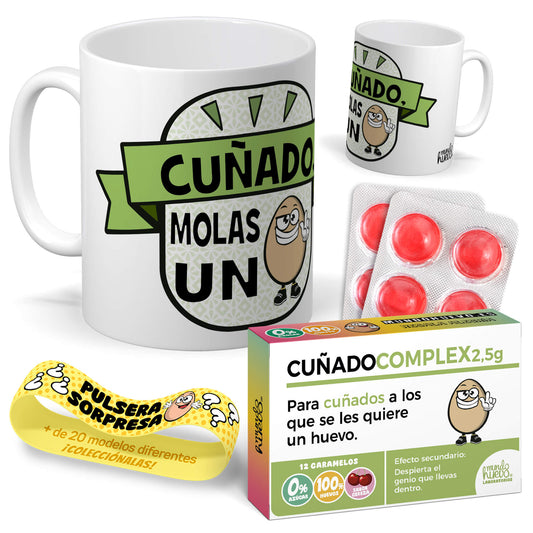 Taza Cuñado molas un huevo + Caramelos divertidos + Pulsera sorpresa