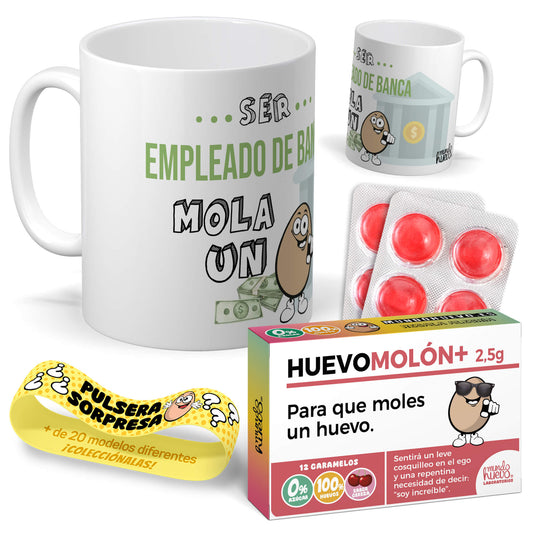 Taza Ser empleado de banca mola un huevo + Caramelos divertidos + Pulsera sorpresa