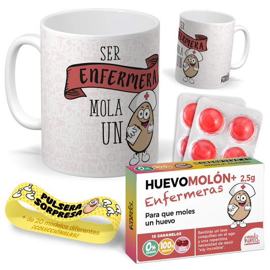 Taza Ser Enfermera mola un huevo + Caramelos divertidos + Pulsera sorpresa