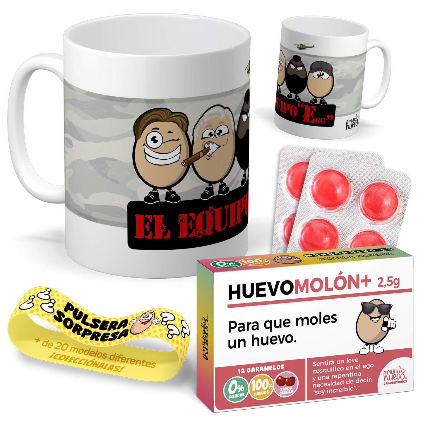 Taza El equipo Egg + Caramelos divertidos + Pulsera sorpresa