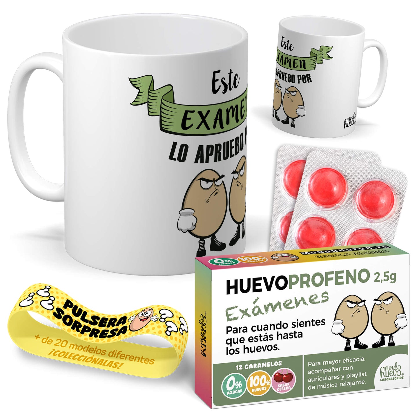 Taza Este examen lo apruebo por huevos + Caramelos divertidos + Pulsera sorpresa