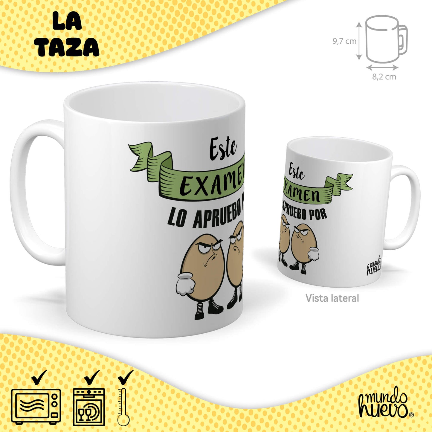 Taza Este examen lo apruebo por huevos + Caramelos divertidos + Pulsera sorpresa