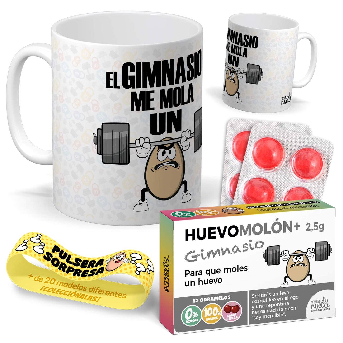 Taza El gimnasio me mola un huevo + Caramelos divertidos + Pulsera sorpresa