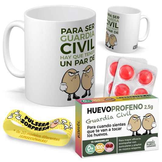 Taza Para ser guardia civil hay que tener un par de huevos + Caramelos divertidos + Pulsera sorpresa
