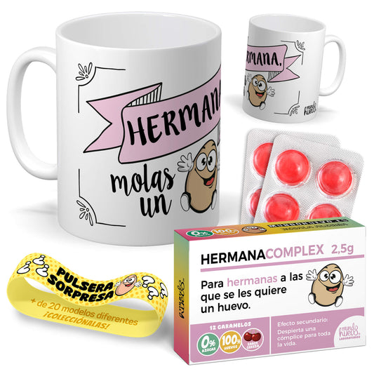 Taza Hermana molas un huevo + Caramelos divertidos + Pulsera sorpresa