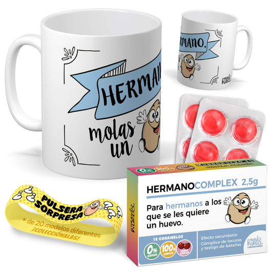 Taza Hermano molas un huevo + Caramelos divertidos + Pulsera sorpresa