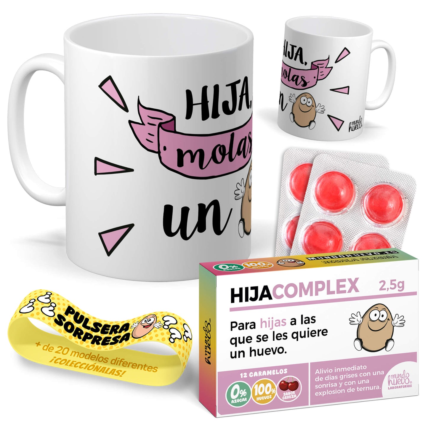 Taza Hija molas un huevo + Caramelos divertidos + Pulsera sorpresa