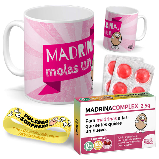 Taza Madrina molas un huevo + Caramelos divertidos + Pulsera sorpresa