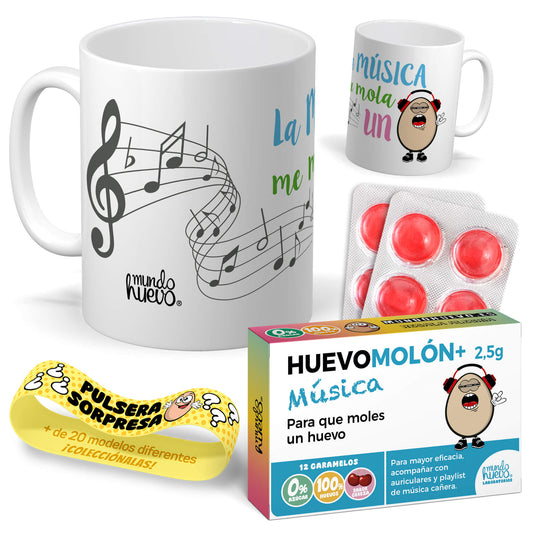 Taza La música me mola un huevo + Caramelos divertidos + Pulsera sorpresa