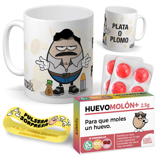 Taza Narcos. Plata o plomo + Caramelos divertidos + Pulsera sorpresa