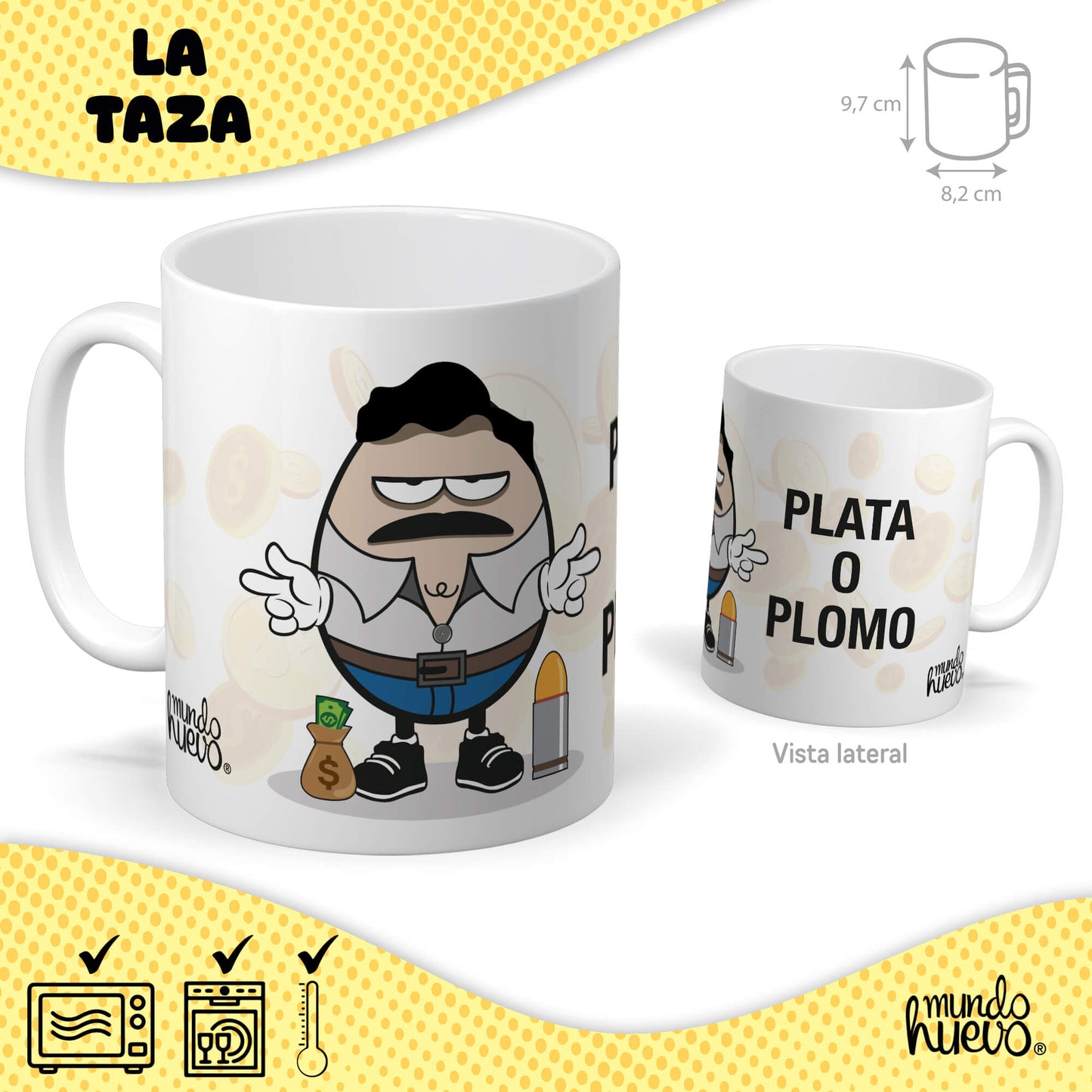 Taza Narcos. Plata o plomo + Caramelos divertidos + Pulsera sorpresa