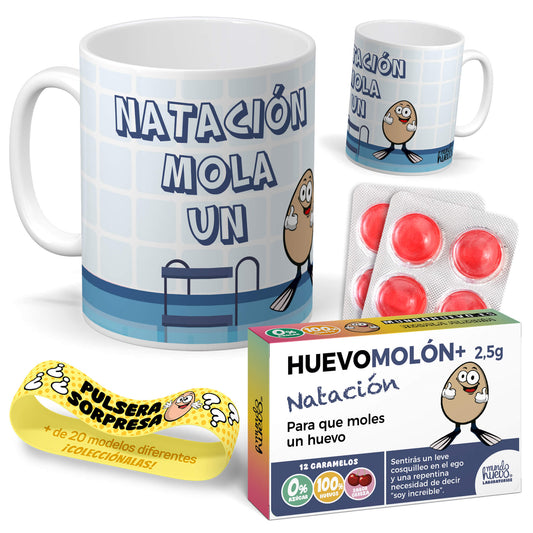 Taza Natación mola un huevo + Caramelos divertidos + Pulsera sorpresa