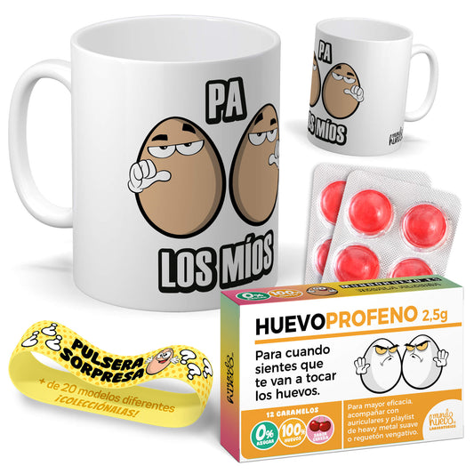 Taza Pa huevos los míos + Caramelos divertidos + Pulsera sorpresa