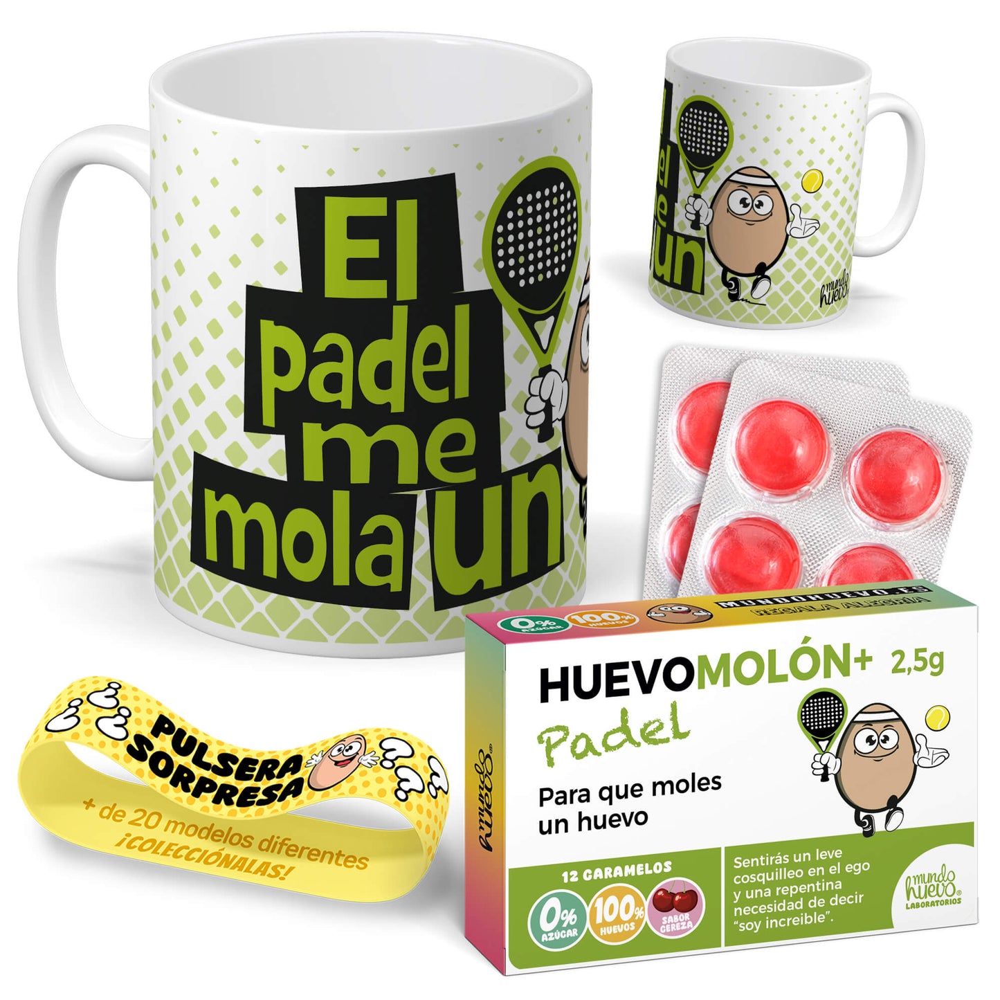 Taza El padel me mola un huevo + Caramelos divertidos + Pulsera sorpresa