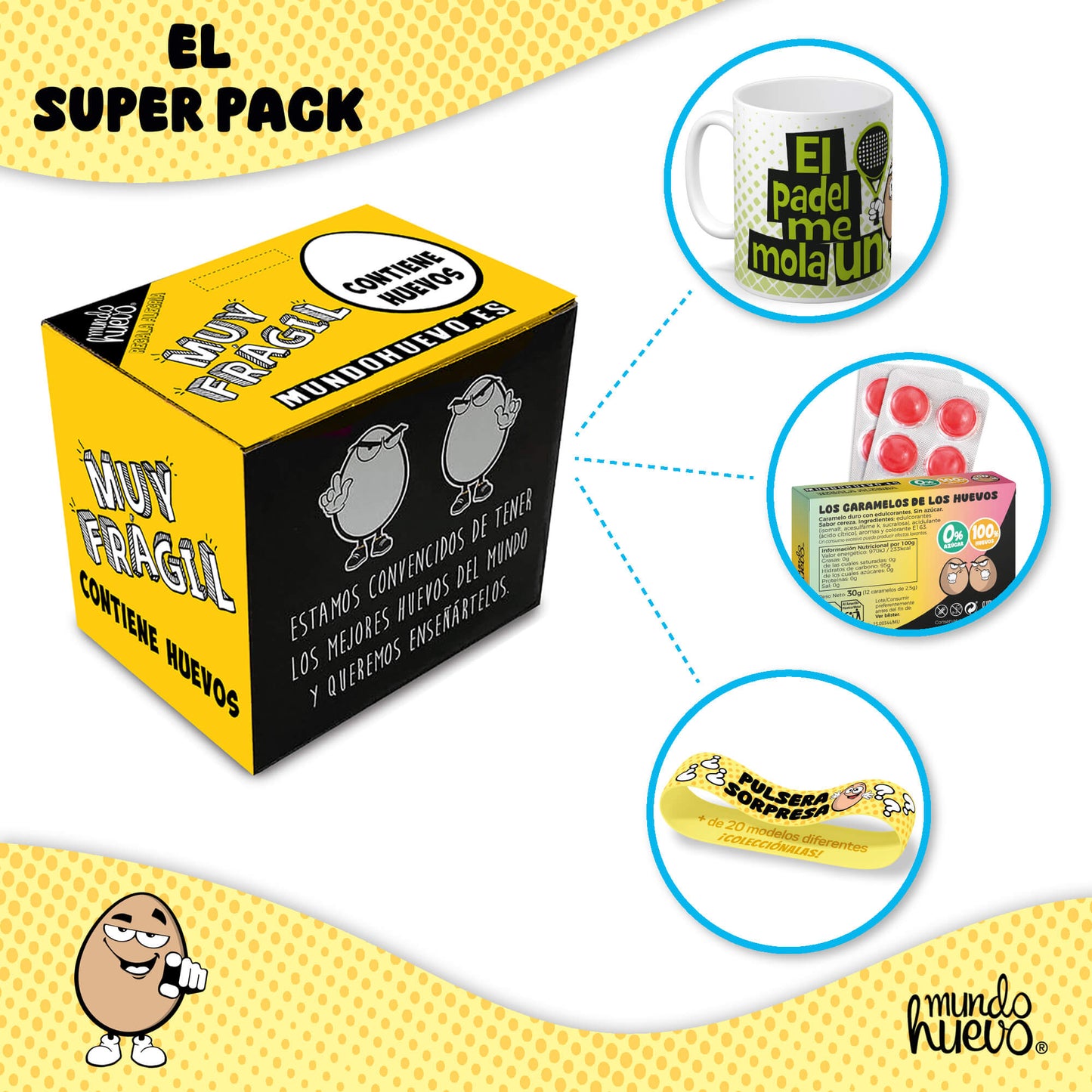 Taza El padel me mola un huevo + Caramelos divertidos + Pulsera sorpresa