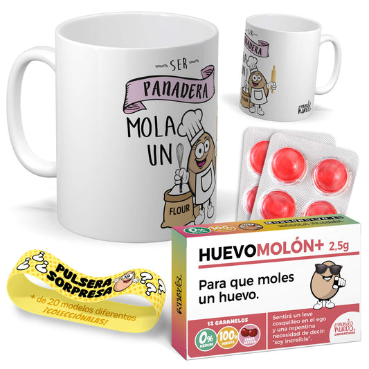 Taza Ser Panadera mola un huevo + Caramelos divertidos + Pulsera sorpresa