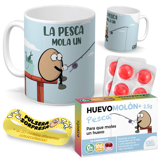 Taza La pesca mola un huevo + Caramelos divertidos + Pulsera sorpresa