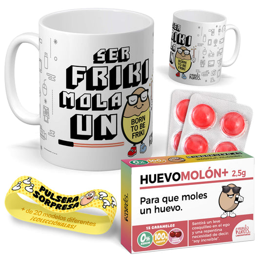 Taza Ser Friki mola un huevo + Caramelos divertidos + Pulsera sorpresa