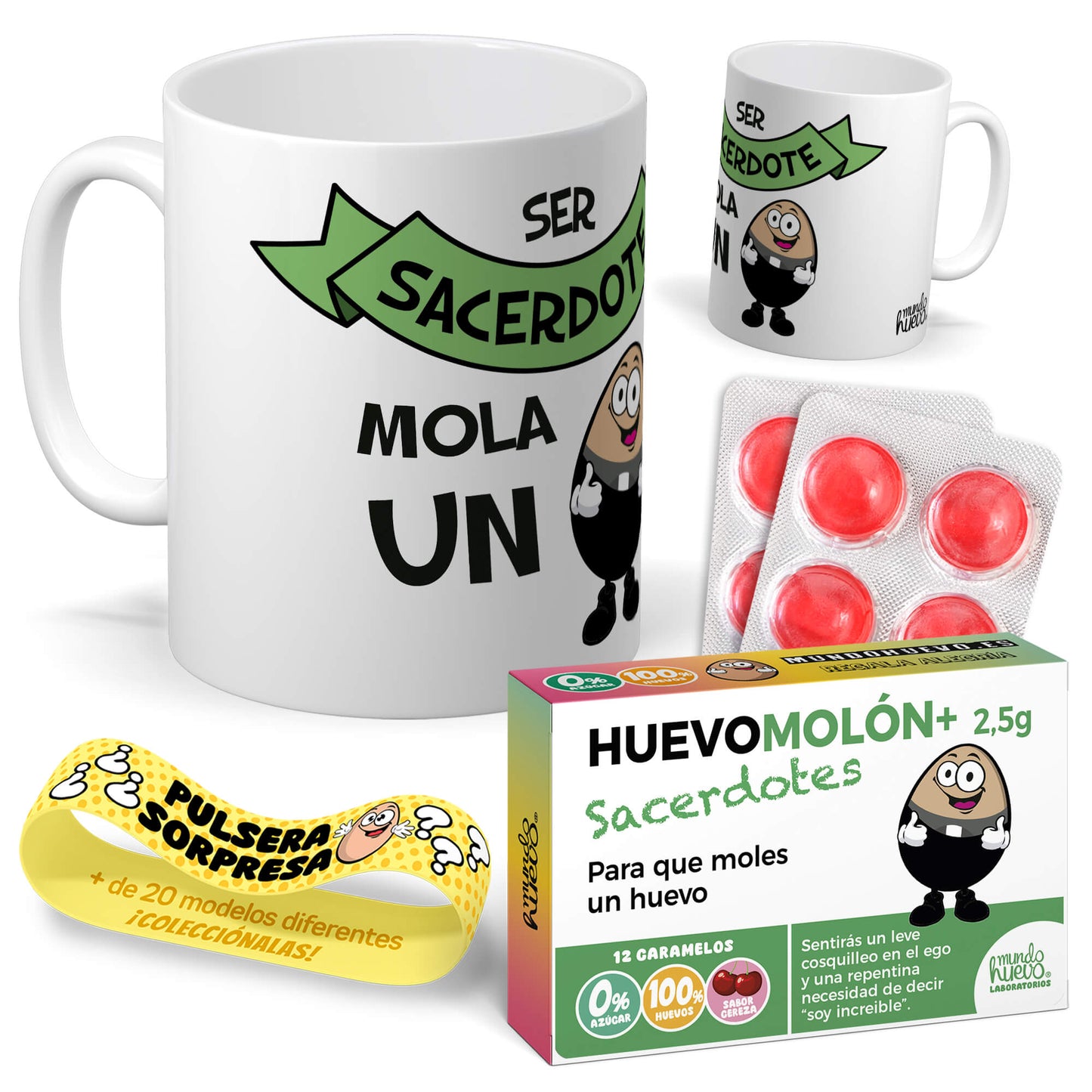 Taza Ser Sacerdote mola un huevo + Caramelos divertidos + Pulsera sorpresa