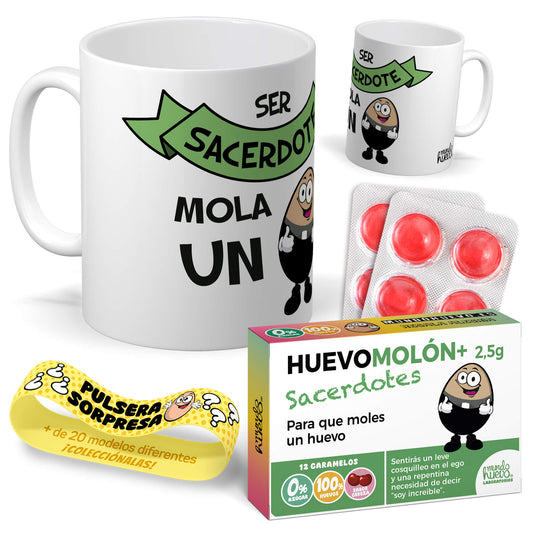 Taza Ser Sacerdote mola un huevo + Caramelos divertidos + Pulsera sorpresa