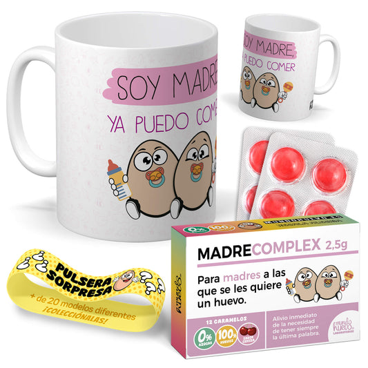 Taza Soy madre ya puedo comer huevos + Caramelos divertidos + Pulsera sorpresa
